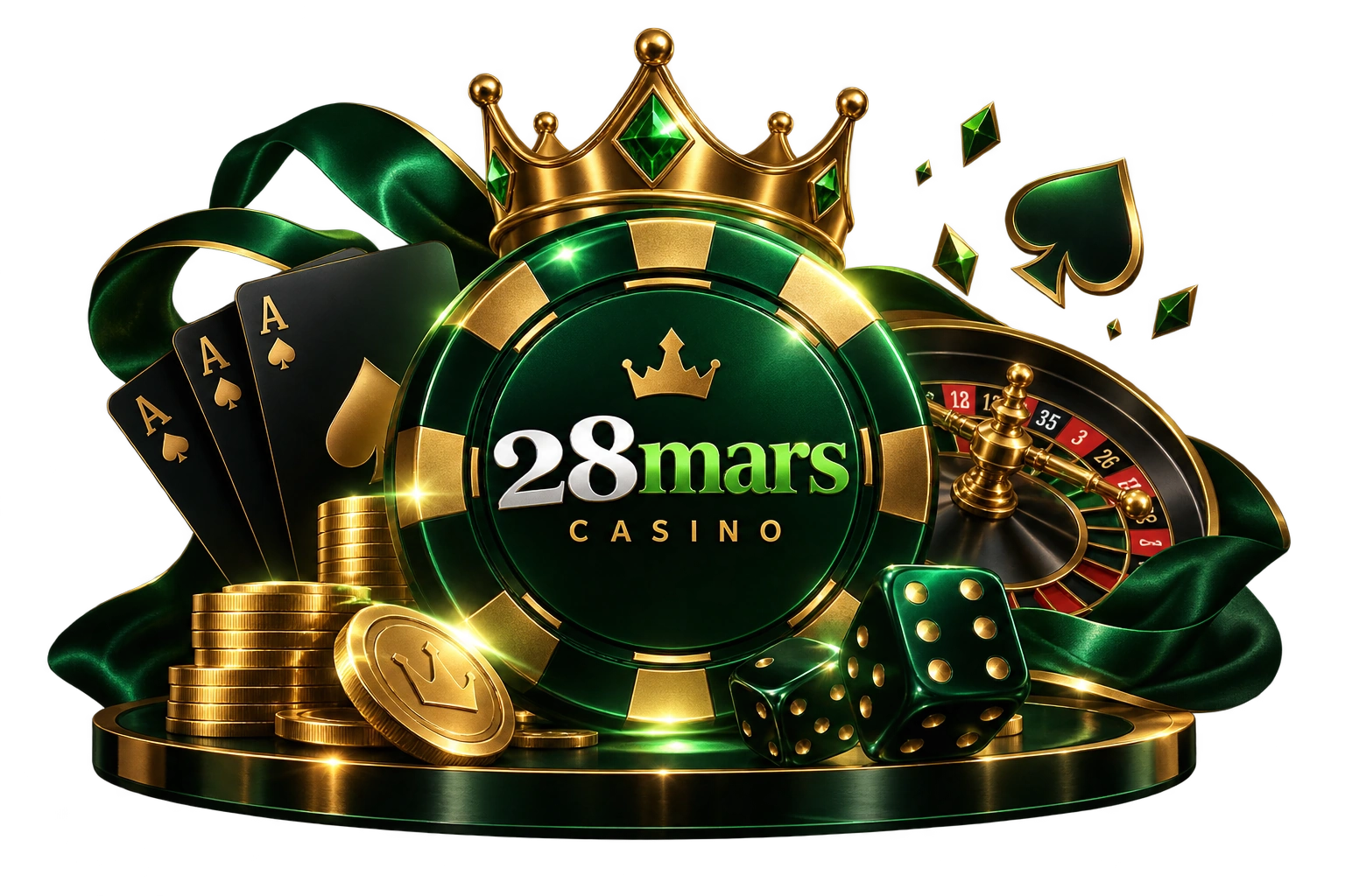 28mars Casino emblem with green and gold casino symbols