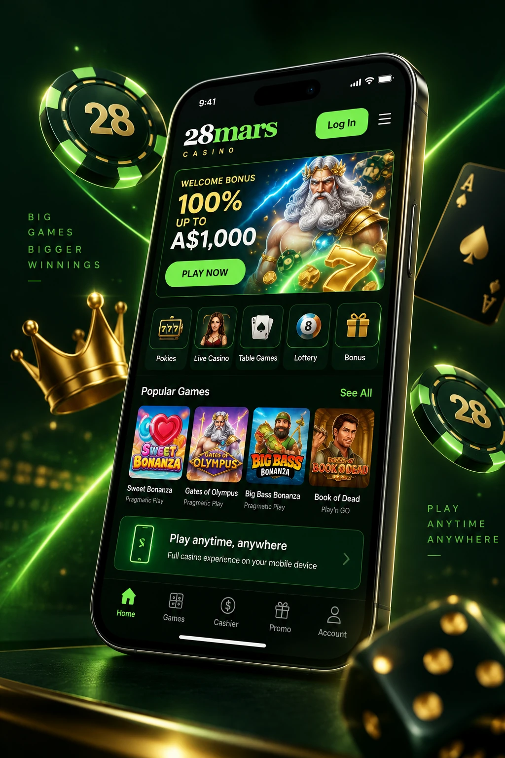 28mars Casino mobile experience with pokies, live casino, cashier and account navigation